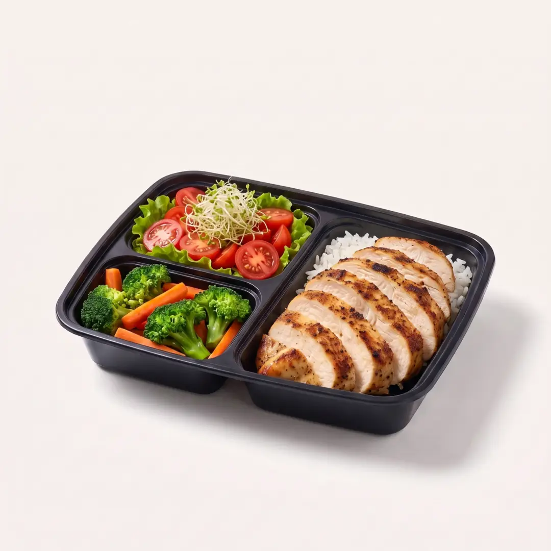 Contenedor negro de 3 divisiones con pollo a la parrilla, arroz, ensalada y brócoli con zanahoria